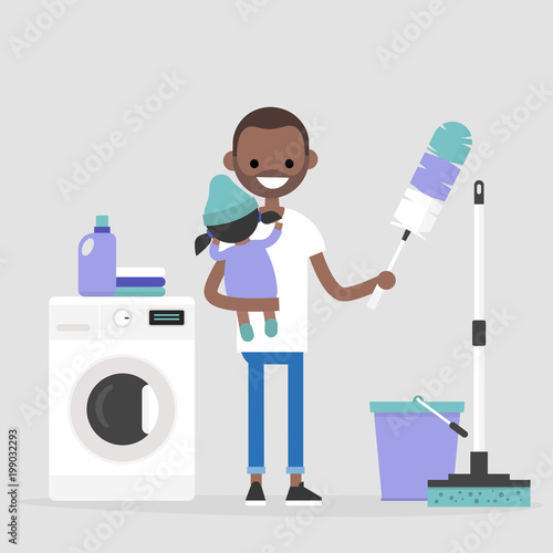 Daily routine. Modern father. Sharing the duties. Multitasking. Cleaning apartment, washing clothes and taking care of a child / flat editable vector illustration, clip art