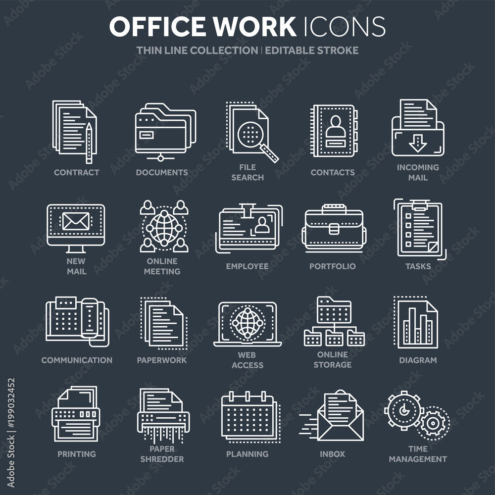 Business and office work. Documents, paperwork. Businessman. Thin line white web icon set. Outline icons collection. Vector illustration. Business and office work. Documents, paperwork. Businessman. Thin line white web icon set. Outline icons collection. Vector illustration.