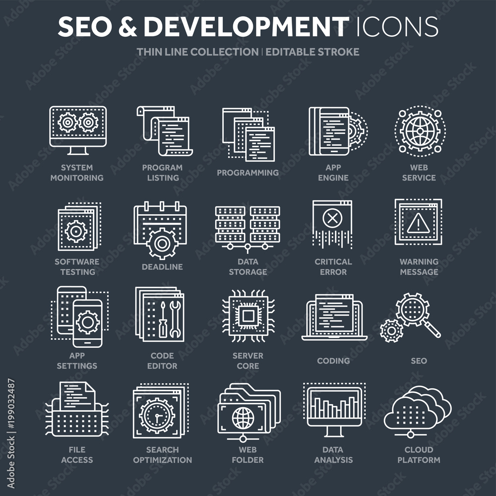Seo and app development. Search engine optimization. Internet, e-commerce.Thin line white web icon set. Outline icons collection. Vector illustration.