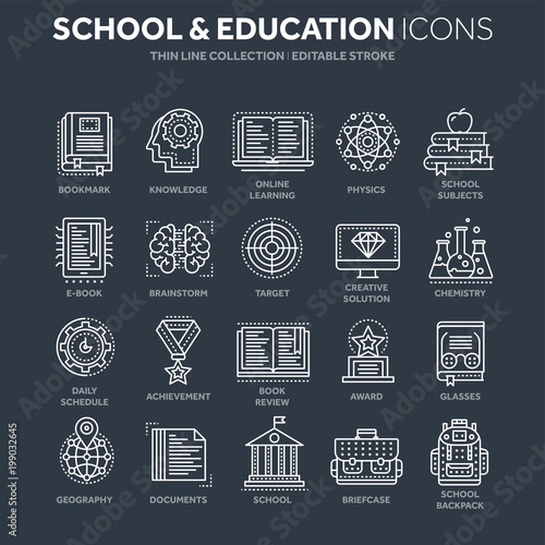 School education, university. Study, learning process. Oline lessons, tutorial. Student knowledge. History book.Thin line white web icon set. Outline icons collection.Vector illustration.