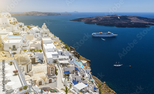 Beautiful view of picturesque town of Thira  caldera and volcano on the Mediterranean Sea. Traditional white architecture of the island of Santorini  Greece.