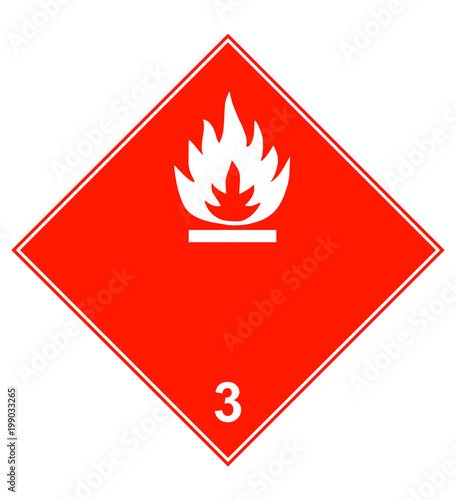 Dangerous - class 3 flammable goods transported warning sign. White flame icon in red diamond