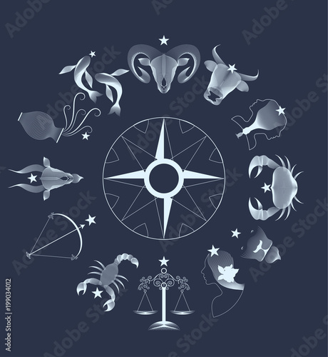 Zodiac signs circle over dark sky