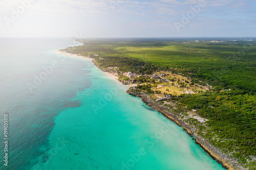 Ruins of Tulum, Mexico overlooking the Caribbean Sea in the Riviera Maya Aerial View. Tulum beach Quintana Roo Mexico - drone shot. White sand beach and ruins of Tulum. © Irina