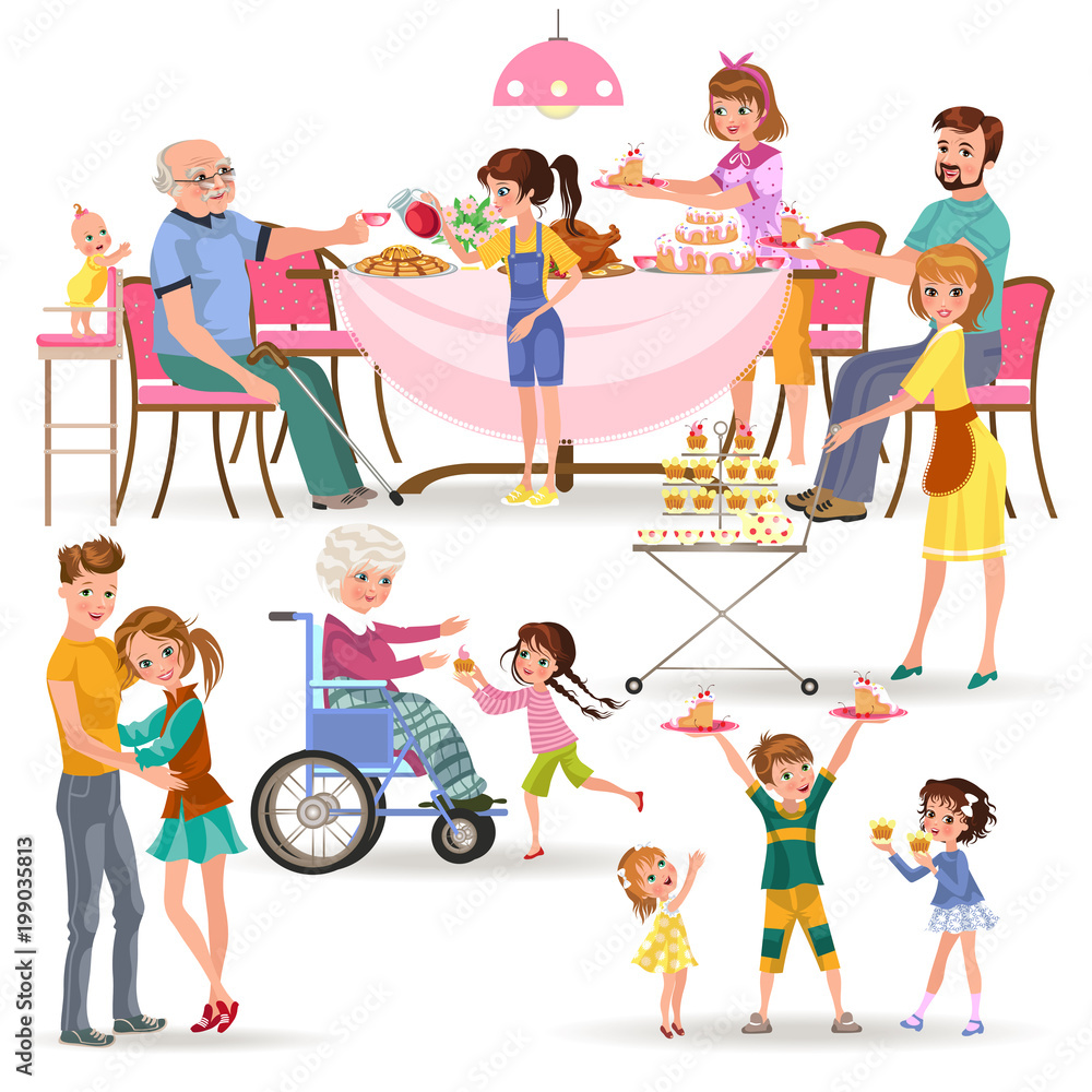 happy family eating dinner at home, people eat food together, mom and dad treat grandfather sitting by dining table, girl takes care of old grandmother, children hold cakes vector illustration happy family eating dinner at home, people eat food together, mom and dad treat grandfather sitting by dining table, girl takes care of old grandmother, children hold cakes vector illustration