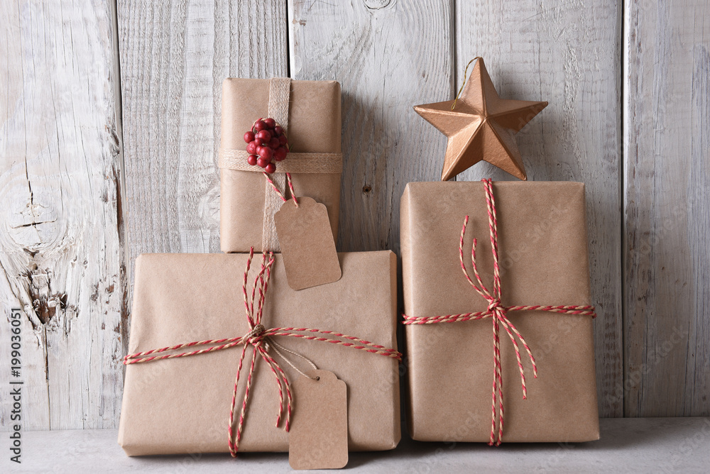 Plain brown paper wrapped Christmas presents Plain brown paper wrapped Christmas presents