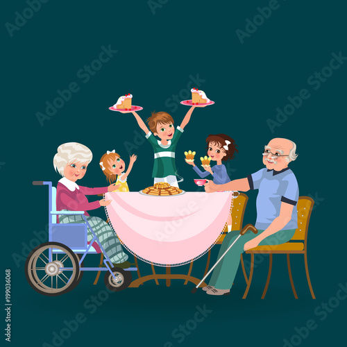 family eating dinner at home, happy people eat food together, girl treat grandfather sitting by dining table, granddaughter takes care of old grandmother, children hold cakes vector illustration.