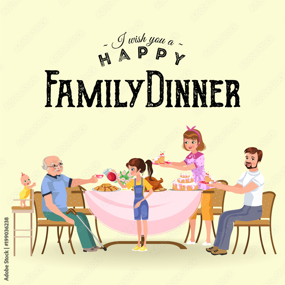 family eating dinner at home, happy people eat food together, mom and dad treat grandfather sitting by dining table, girl takes care of old grandmother, children hold cakes vector illustration family eating dinner at home, happy people eat food together, mom and dad treat grandfather sitting by dining table, girl takes care of old grandmother, children hold cakes vector illustration