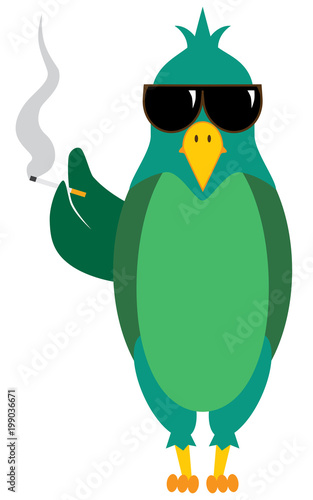 A flat vector cartoon bird is holding a lit cigarette