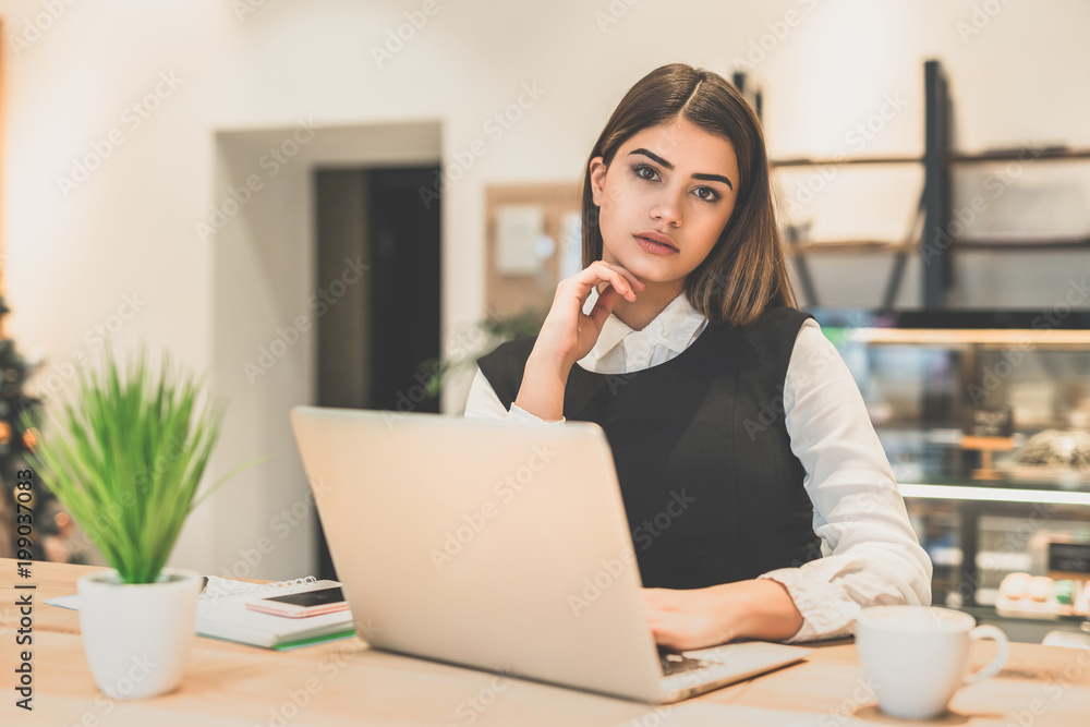 The beautiful businesswoman working with a laptop The beautiful businesswoman working with a laptop