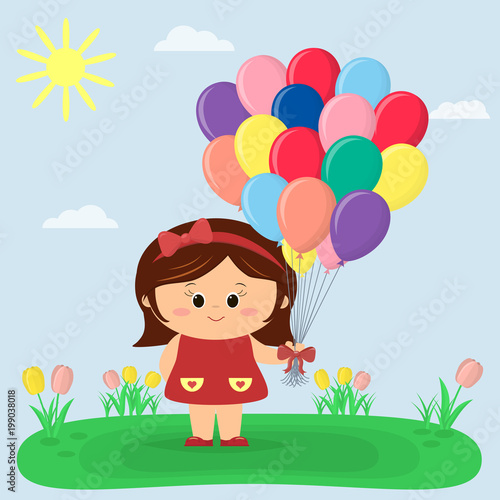 A girl in a red dress and bow holds balloons, a glade with tulips, the sun and sky.