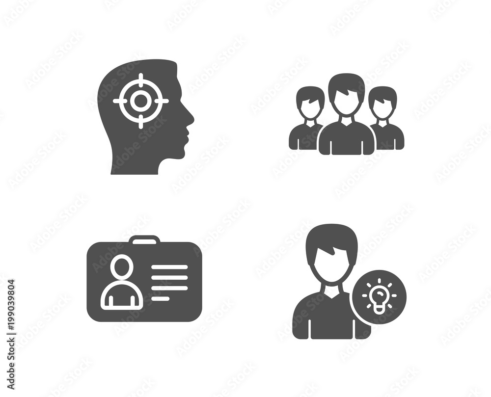 Set of Recruitment, Id card and Group icons. Person idea sign. Headhunter aim, Human document, Group of people. Lamp energy. Quality design elements. Classic style. Vector Set of Recruitment, Id card and Group icons. Person idea sign. Headhunter aim, Human document, Group of people. Lamp energy. Quality design elements. Classic style. Vector