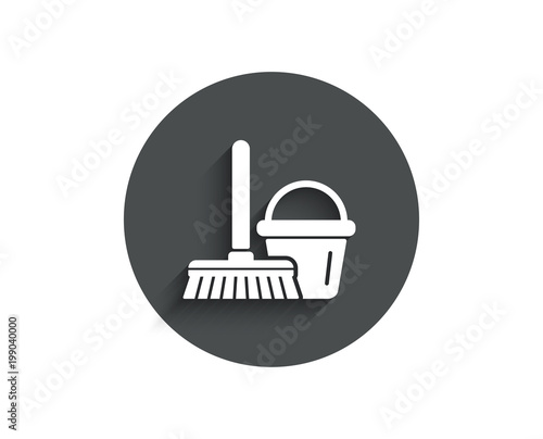 Cleaning bucket with mop simple icon. Washing Housekeeping equipment sign. Circle flat button with shadow. Vector