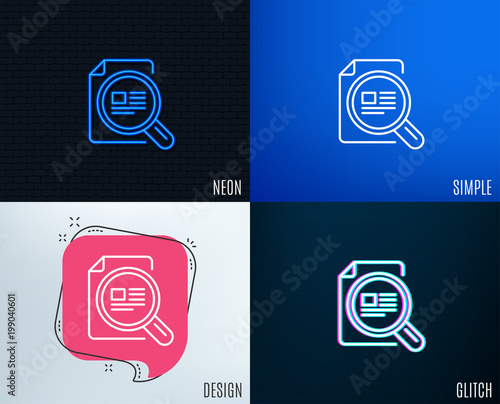 Glitch, Neon effect. Check article line icon. Ð¡opyright sign. Magnifying glass symbol. Trendy flat geometric designs. Vector