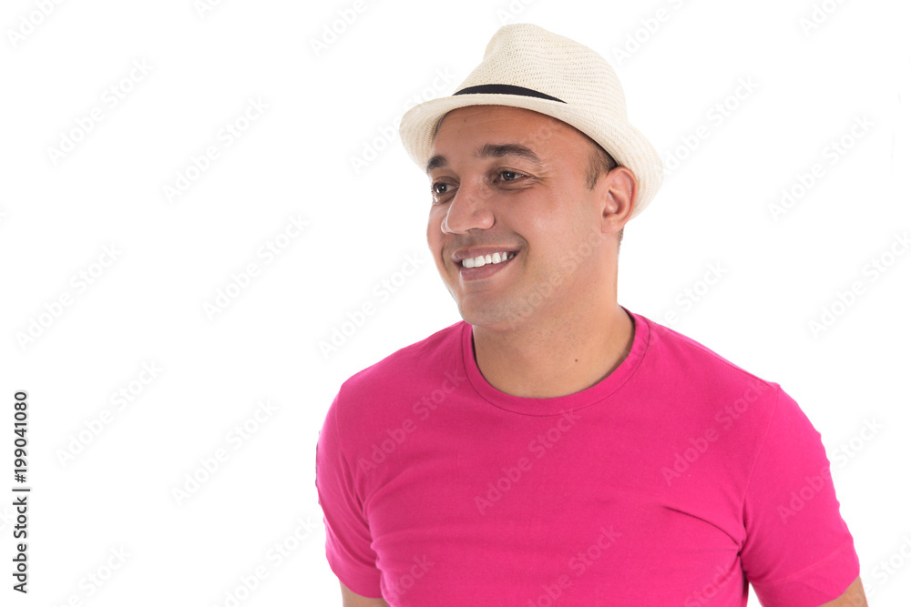 Half profile of smiling man. Latin American. White background. Half profile of smiling man. Latin American. White background.