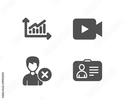 Set of Graph, Remove account and Video camera icons. Id card sign. Presentation diagram, Delete user, Movie or cinema. Human document.  Quality design elements. Classic style. Vector