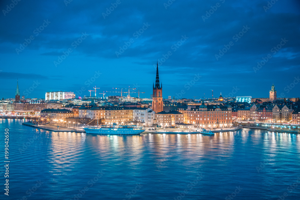 Stockholm skyline panorama in twilight, Sweden