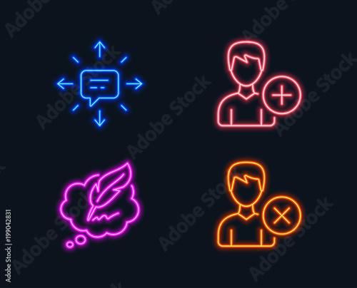 Neon lights. Set of Sms, Add person and Ð¡opyright chat icons. Remove account sign. Conversation, Edit user data, Speech bubble. Delete user.  Glowing graphic designs. Vector