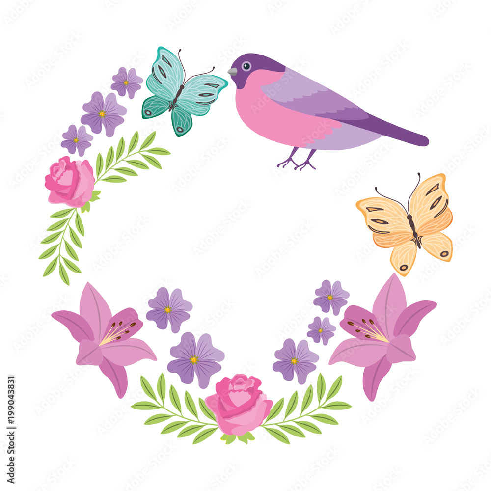 wreath flowers with butterflies and bird vector illustration design