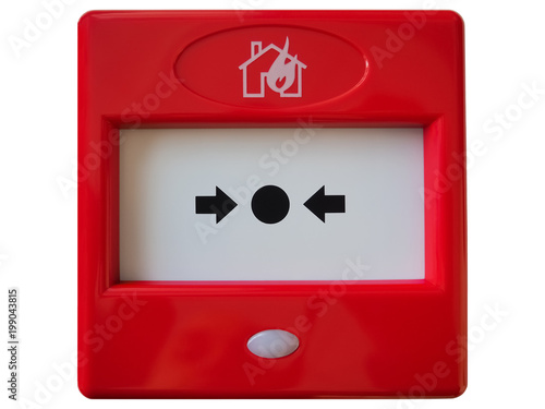 Close-up of the red manual Fire Alarm Call Point. Isolated on white background. High-quality macro photography.