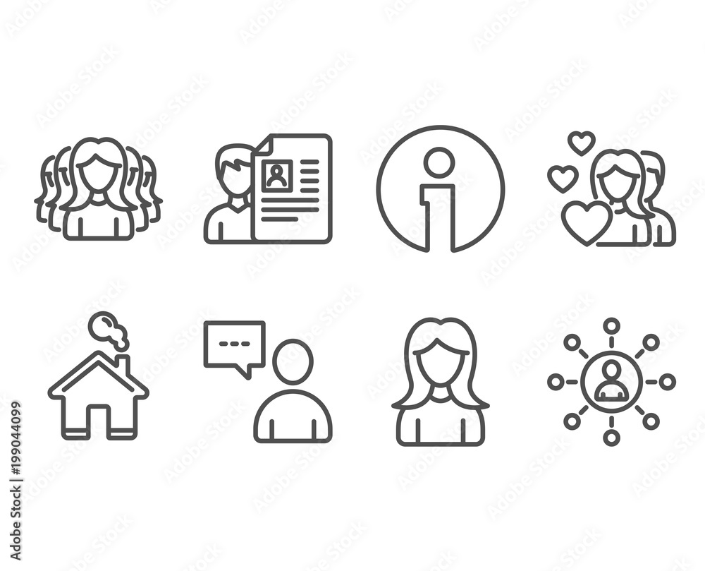 Set of Couple, Woman and Women group icons. Job interview, Users chat and Networking signs. Valentines day, Girl profile, Lady service. Cv file, Communication concept, Business communication. Vector Set of Couple, Woman and Women group icons. Job interview, Users chat and Networking signs. Valentines day, Girl profile, Lady service. Cv file, Communication concept, Business communication. Vector