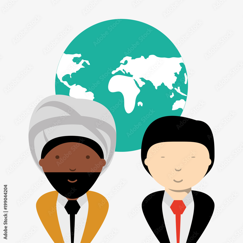 earth planet globe and cartoon businessmen of different cultures over white background, colorful design. vector illustration earth planet globe and cartoon businessmen of different cultures over white background, colorful design. vector illustration