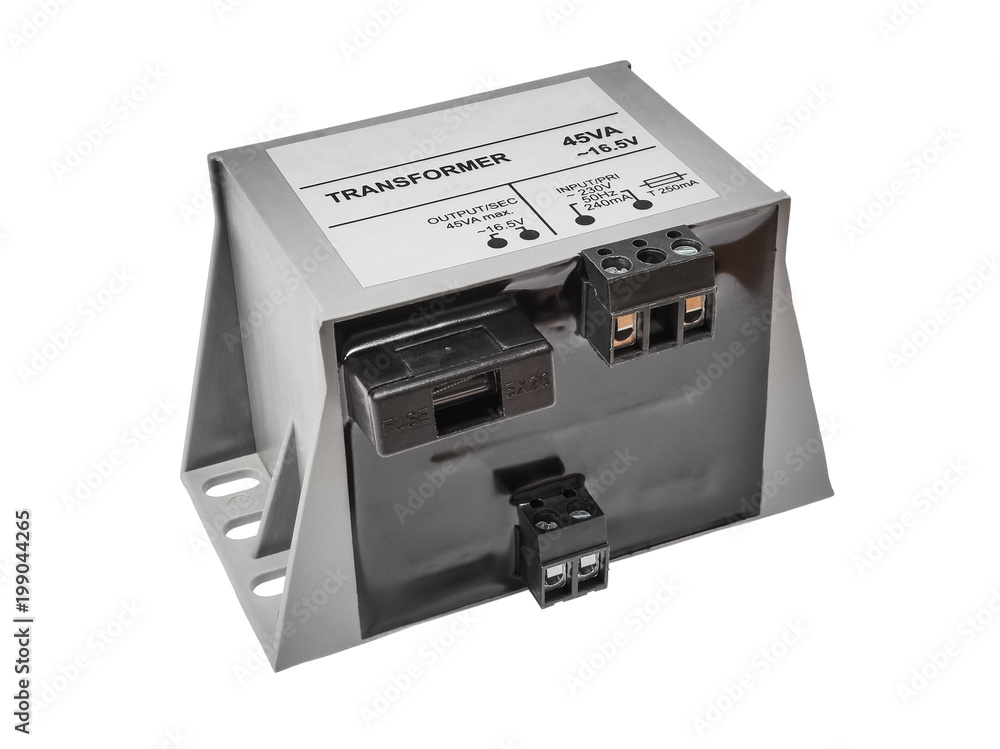 Close-up of gray transformer with black terminals and fuse. Isolated on white background. High-quality macro photography. Close-up of gray transformer with black terminals and fuse. Isolated on white background. High-quality macro photography.