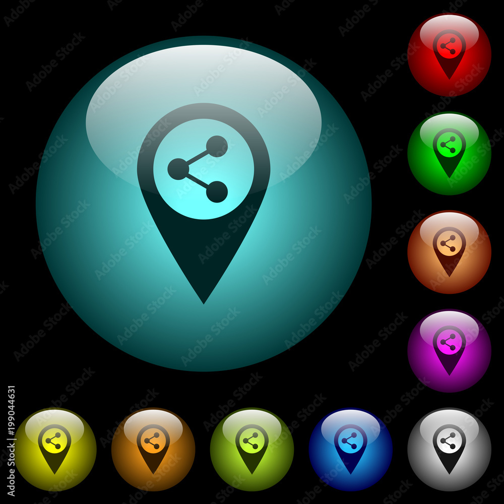 Share GPS map location icons in color illuminated glass buttons Share GPS map location icons in color illuminated glass buttons