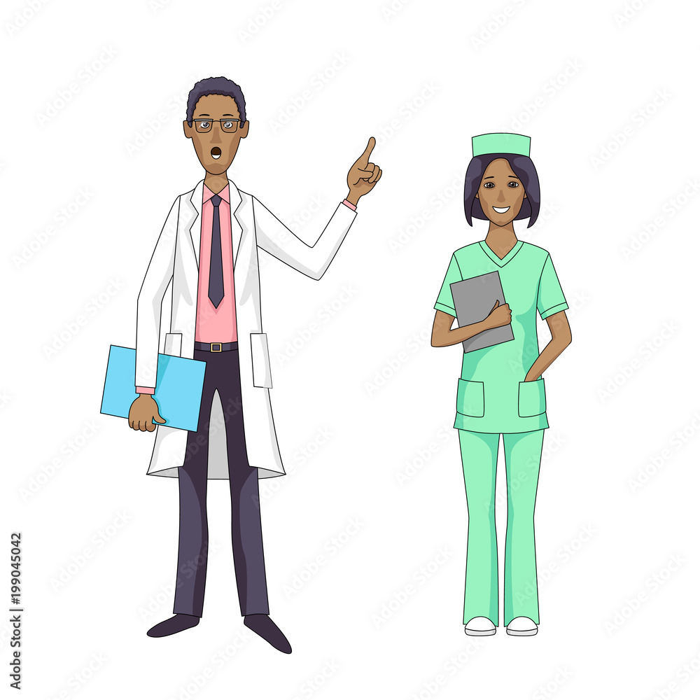 Black doctor talking and female nurse isolated Black doctor talking and female nurse isolated