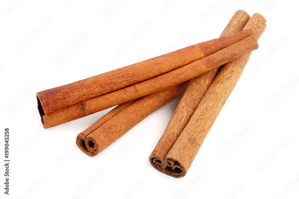 Cinnamon sticks isolated on white background. Top view