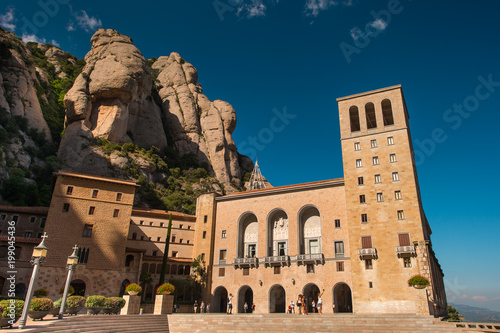 View to the Santa Maria de Montserrat Benedictine Abbey situated in the mountains of Montserrat near Barcelona in Spain