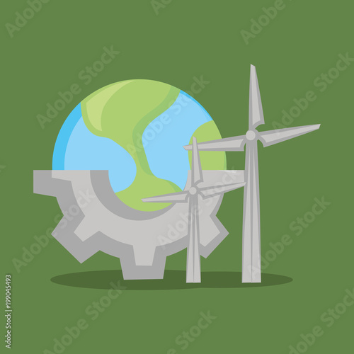 earth planet and eolic turbines over green background, colorful design. vector illustration