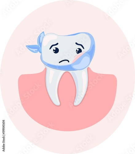 Cute stylized cartoon sick tooth. Vector illustration.