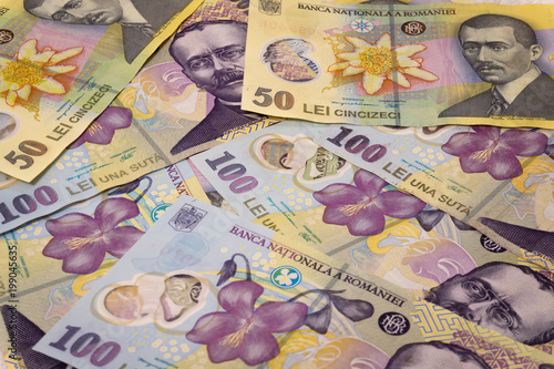 Banknotes of one hundred and fifty romanian currency leu/lei ron concept.  Romanian currency lei, ron banknotes background