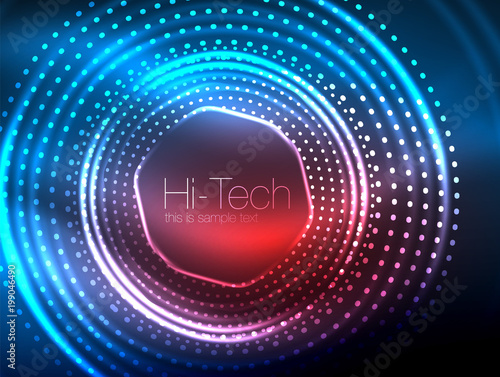 Magic neon circle shape abstract background, shiny light effect template for web banner, business or technology presentation background or elements, vector illustration