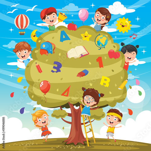 Vector Illustration Of Kids Studying On Tree
