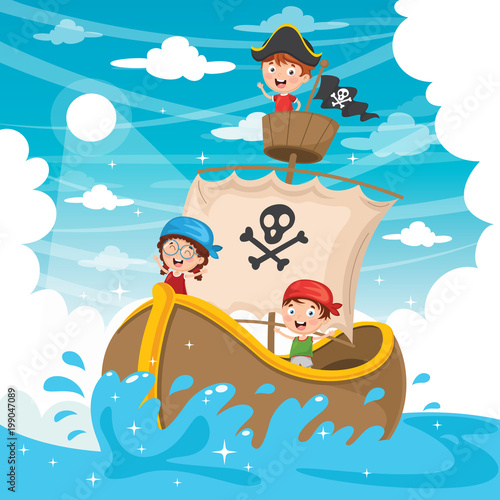 Vector Illustration Of Cartoon Kids Pirate Ship