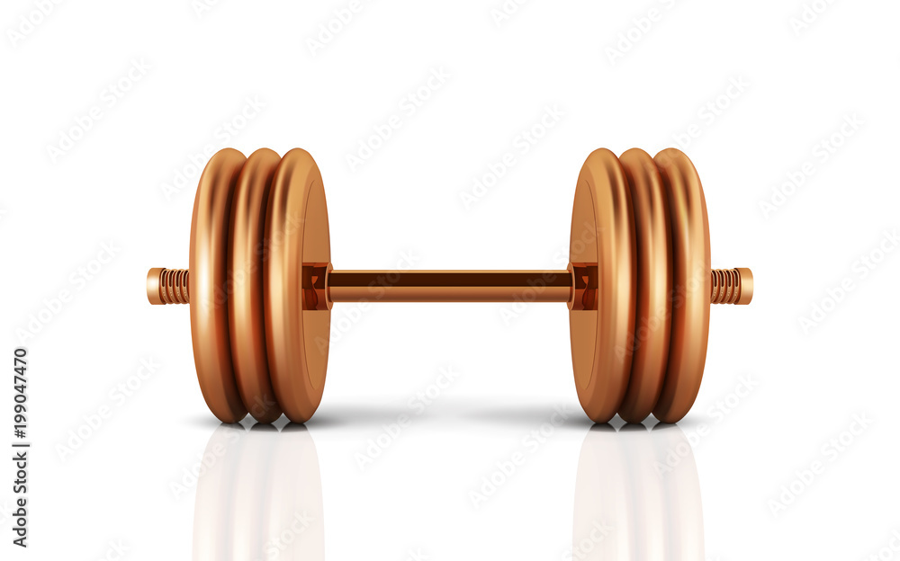Golden realistic dumbbell isolated on white background. 3d gold dumbbell vector illustration Golden realistic dumbbell isolated on white background. 3d gold dumbbell vector illustration