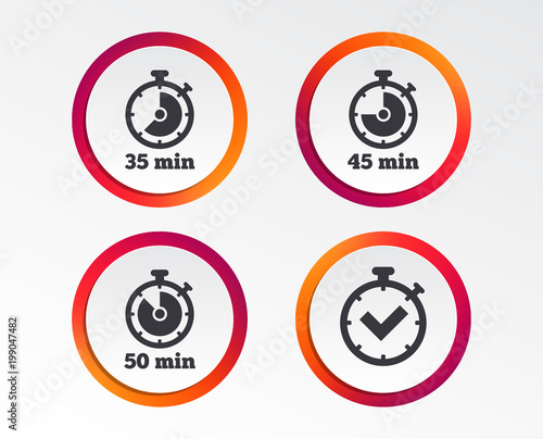 Timer icons. 35, 45 and 50 minutes stopwatch symbols. Check or Tick mark. Infographic design buttons. Circle templates. Vector