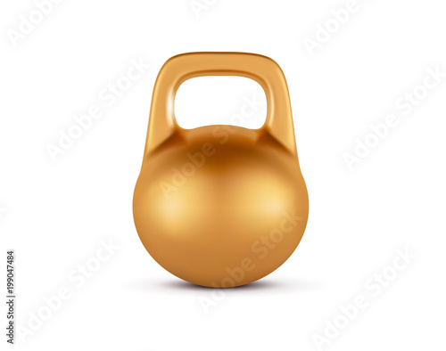 Golden realistic dumbbell weight isolated on white background. 3d gold dumbbell vector illustration