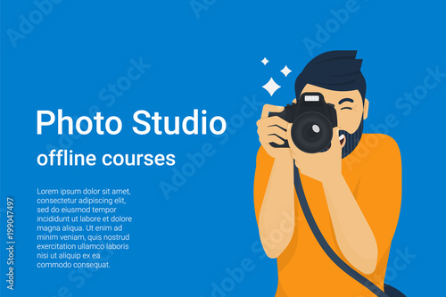 Happy photographer is taking a photo using slr camera. Flat vector illustration of young male character shooting using lens camera. Banner design for photo studio courses and ads
