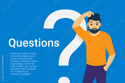Young man standing near big question symbol and he needs to ask help or advice via live chat, help desk or faq. Flat concept vector illustration of online support on blue background