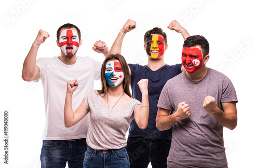 Group of fans suport their national teams with painted faces. England, Belgium, Tunisia, Panama Fans victory scream isolated on white background
