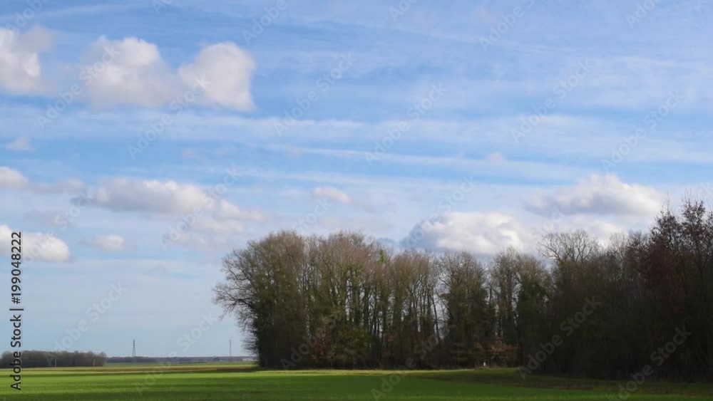 White cumulus clouds moving quickly in blue sky over green field and forest White cumulus clouds moving quickly in blue sky over green field and forest