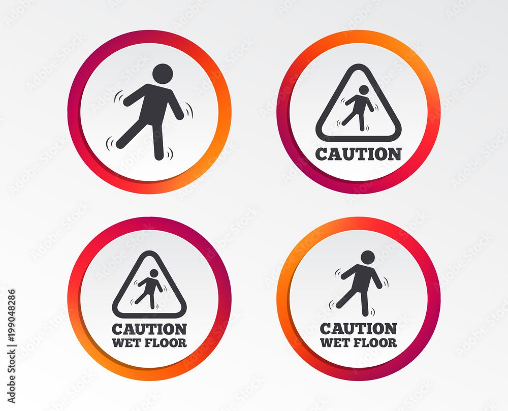 Caution wet floor icons. Human falling triangle symbol. Slippery surface sign. Infographic design buttons. Circle templates. Vector Caution wet floor icons. Human falling triangle symbol. Slippery surface sign. Infographic design buttons. Circle templates. Vector