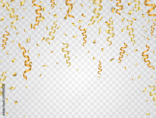 Celebration background. Gold confetti on transparent background. Vector illustration