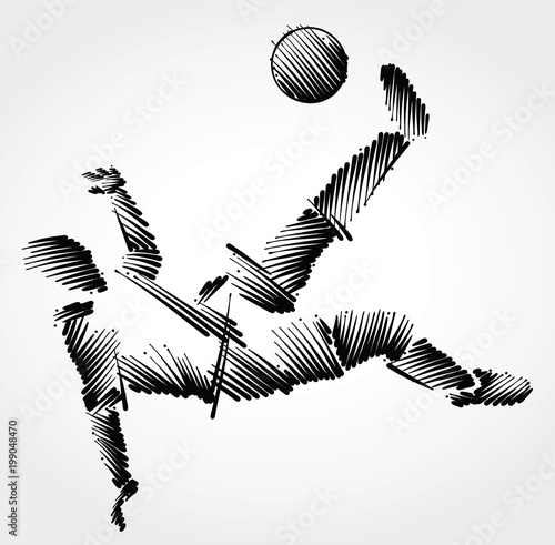 Soccer player stretching to dominate a balll made of black brushstrokes on light background