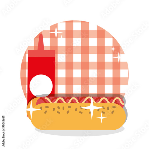 picnic hotdog ketchup sauce checkered tablecloth design vector illustration