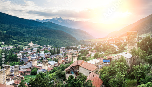 Picturesque scenery of Mestia and Svan towers, Georgia. Beautiful panoramic view © Ievgen Skrypko