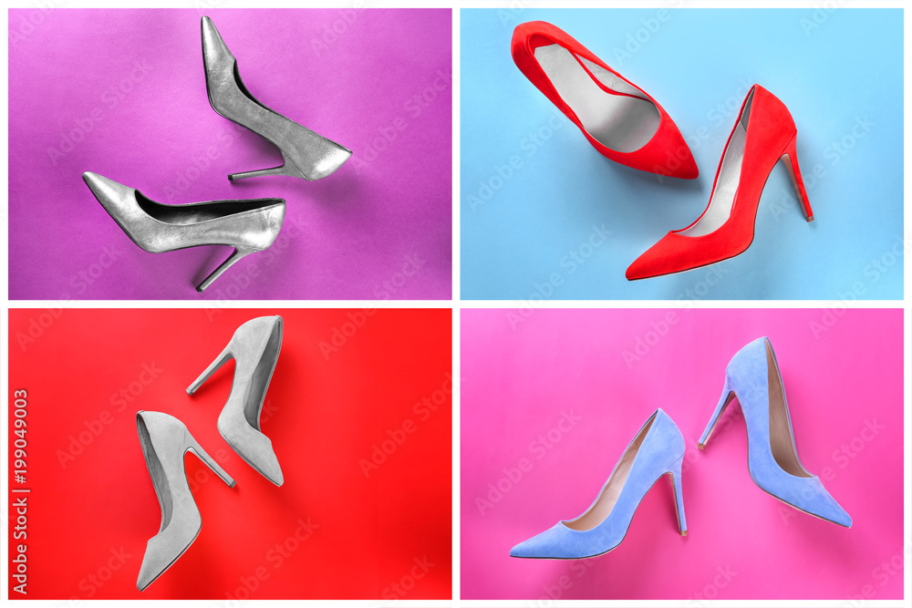 Set of female stylish shoes on color background